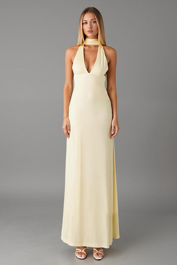 Robe formelle en mousseline de soie à col en V jonquille